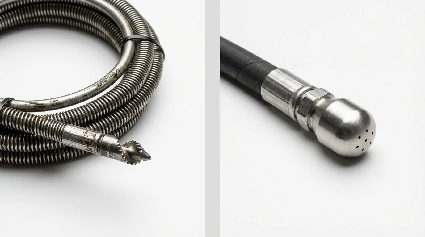 Drain snake cable and hydro jetting nozzle used for drain cleaning in Canton, ME
