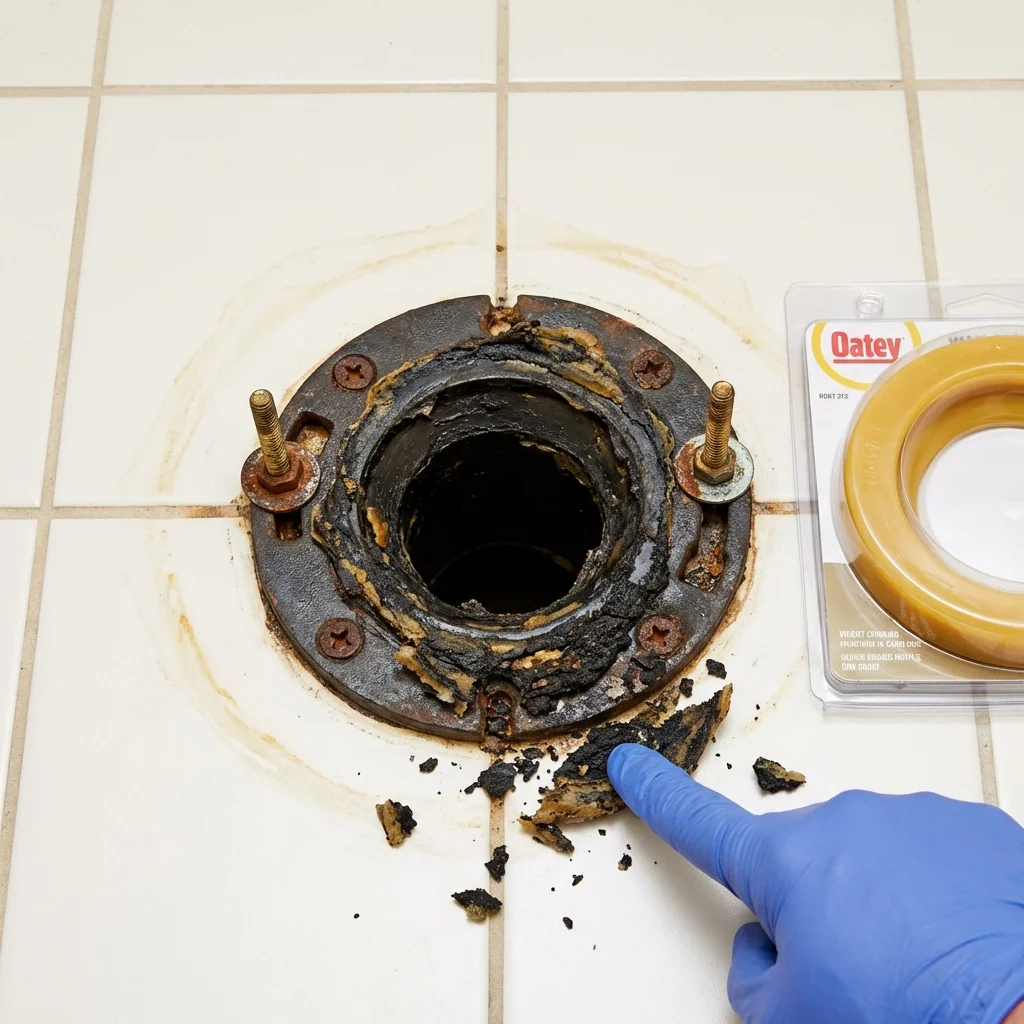 Failed wax ring showing water seepage at the base of a toilet in a Canton, ME home