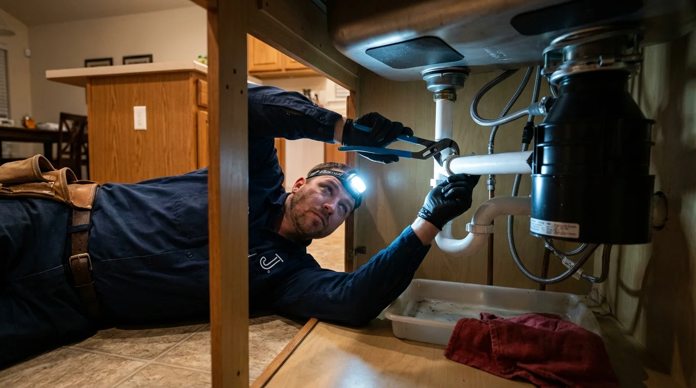 P-trap and supply line connections under a kitchen sink showing a common leak point in Canton, ME